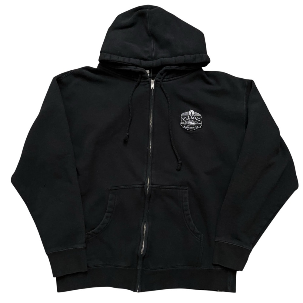 Pelagic Jacket Mens Size L Full Zip Fleece Hoodie Fishing Graphic Print Black